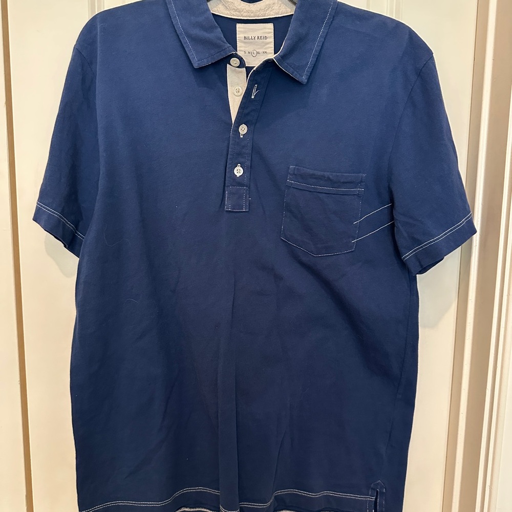 Billy Reid Blue Short-Sleeve Polo with Chest Pocket
